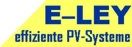 Logo mit Text: "E-LEY effiziente PV-Systeme" auf gelbem Hintergrund.