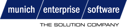 Blaues Logo mit weißem Text: "munich enterprise software" auf drei gekippten Rechtecken.