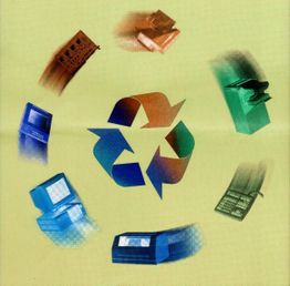 Recyclingsymbol mit technischen Geräten in Bewegung.