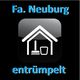 Schwarze Grafik mit Haus, Besen, Mülleimer und Text: "Fa. Neuburg entrümpelt".