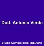 Testo bianco su sfondo blu viola: "Dott. Antonio Verde, Studio Commerciale Tributario".