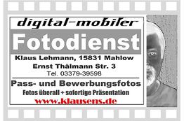 Werbung für Fotodienst von Klaus Lehmann in Mahlow. Pass- und Bewerbungsfotos, www.klausens.de