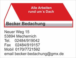 Visitenkarte von Becker Bedachung mit Kontaktdaten und Slogan "Alle Arbeiten rund um's Dach".