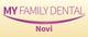 Logo of "My Family Dental Novi" with a purple swoosh resembling a smile on a beige background.