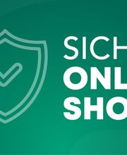 Grüner Hintergrund mit Schildsymbol und Text: "Sicher online shoppen".
