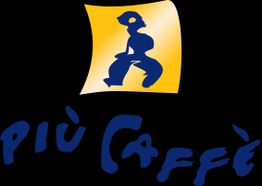 Logo mit blauer Silhouette und gelbem Hintergrund, darunter der Schriftzug "più caffè".