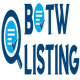 Magnifying glass with text and checkmark, next to the words "BTOW Listing" in blue letters.
