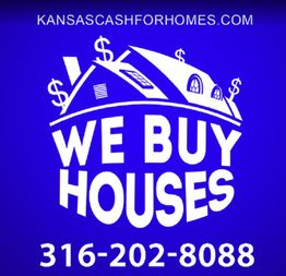 "We buy houses ad with website and phone contact on blue background."