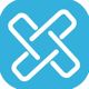 Blue logo with a white interlocking loop design resembling a stylized X.