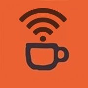 Desenho de uma xícara com símbolo de Wi-Fi acima, sobre fundo laranja.