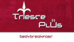 Logo di "Trieste Plus" su sfondo rosso, con scritta "bed + breakfast" in basso.