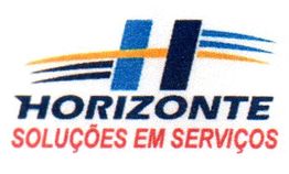 Logotipo com a letra "H" e texto "Horizonte Soluções em Serviços" em azul e vermelho.