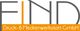 Logo mit Text: "FIND Druck- & Medienwerkstatt GmbH" in grauer und orangener Schrift.