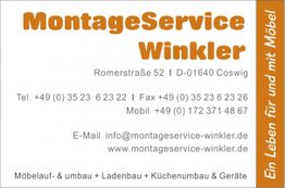 Visitenkarte von MontageService Winkler mit Kontaktdaten und Aufbau-Dienstleistungen.