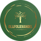 Logo van een olijfoliebedrijf met een boom en teksten "OLIJFOLIEHANDEL" en "VOEL DE AUTHENTICITEIT".