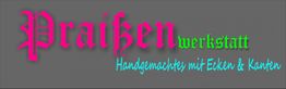 Text: "Praixen werkstatt - Handgemachtes mit Ecken & Kanten" in pink, grün und blau.