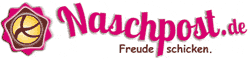 Logo von Naschpost.de mit dem Slogan "Freude schicken" und einem stilisierten Bonbon.