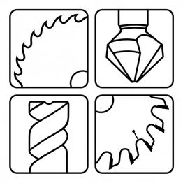 Vier schwarze Umriss-Symbole: Sägeblatt, Bohrkopf, Spiralbohrer und Zahnrad.