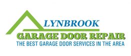 Lynbrook Garage Door Repair logo with service slogan in green and blue text.
