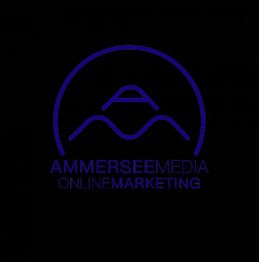 Logo von Ammersee Media, Online Marketing, in Blau auf schwarzem Hintergrund.