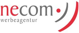 Logo der Werbeagentur "necom" in Rot und Grau mit stilisierten Halbkreislinien rechts.