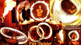 Feuershow mit wirbelnden Flammenringen und einem Performer in einer dynamischen Collage.