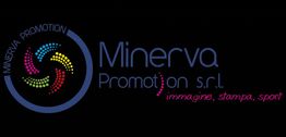 Logo Minerva Promotion su sfondo nero con testo colorato: "immagine, stampa, sport".