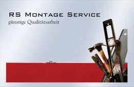Werkzeuge vor rotem Hintergrund mit Text: "RS Montage Service - günstige Qualitätsarbeit".