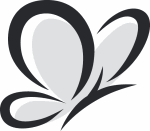 Schmetterlingslogo in Schwarz-Weiß mit stilisierten Flügeln und geschwungenen Linien.