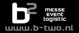 Logo von b² mit Text: "messe event logistic" und Website "www.b-two.nl", schwarzer Hintergrund.