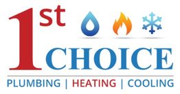 Logo for 1st Choice: Plumbing, Heating, Cooling with icons of water, fire, and snowflake.