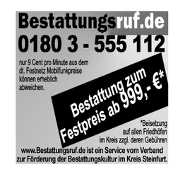 Bestattungsruf.de Anzeige: Festpreis für Bestattungen ab 999 €. Telefonnummer und Gebühreninfo.