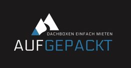 Logo mit Bergsymbol und Text "Dachboxen einfach mieten. Aufgepackt" in Weiß und Blau.