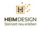 Logo von Heim Design mit dem Slogan „Steinzeit neu erleben“ und einem Muster aus orangefarbenen Punkten.