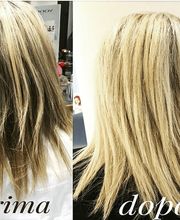 Capelli biondi da ricci e crespi (prima) a lisci e ordinati (dopo).