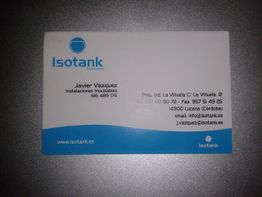 Tarjeta de visita de Isotank con datos de contacto y dirección en Lucena, Córdoba.