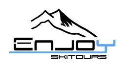 Logo afbundet bjerg og teksten "Enjoy Skitours" i sort og blå.