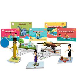 Illustrated educational books and 3D models featuring animals, transportation, and professions.