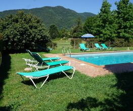 Piscina al aire libre con tumbonas verdes y vistas a montañas y árboles.