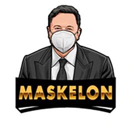 Illustration eines Anzugträgers mit Maske, darunter der Schriftzug "MASKELON".