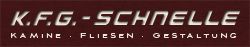 Rotes Logo mit Text: "K.F.G.-Schnelle Kamine Fliesen Gestaltung".