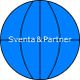 Blauer Globus mit schwarzen Linien und weißem Text "Sventa & Partner" in der Mitte.