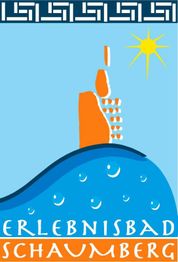 Logo des Erlebnisbads Schaumburg mit Wellen, Sonne und stilisiertem Turm in Blau und Orange.