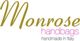 Logo mit Schriftzug "Monrose handbags, handmade in Italy" in gold und pink.