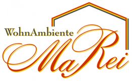 WohnAmbiente MaRei Logo in geschwungener Schrift mit Hausdach-Umriss in Schwarz-Rot-Gold.