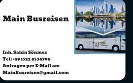 Werbung für Main Busreisen mit Kontaktinformationen und Bild von Bus und Skyline.