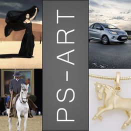 Collage mit Tänzerin, Auto, Reiter, Pferdeanhänger und „PS-ART“ Text in der Mitte.