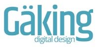 Logo mit dem Text "Gäking digital design" in blauer Schrift auf weißem Hintergrund.