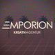 Retro-Design mit Palmen und "Emporion Kreativagentur" Text, verleiht einem 80er-Jahre-Look.