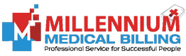 Logo of Millennium Medical Billing with a red and blue cross and motto below.